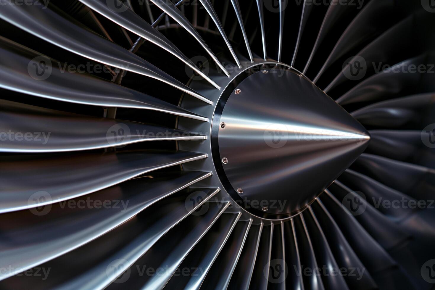 Close-up view of jet engine blades showcasing intricate and polished silver details under studio lighting photo