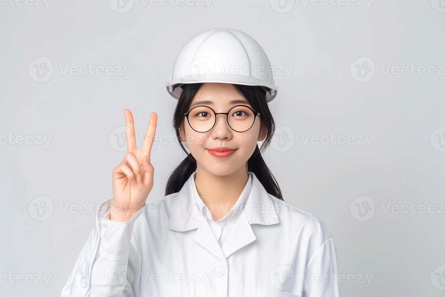 Serious female engineer holding up three fingers and wearing a protective helmet in a clear white setting photo