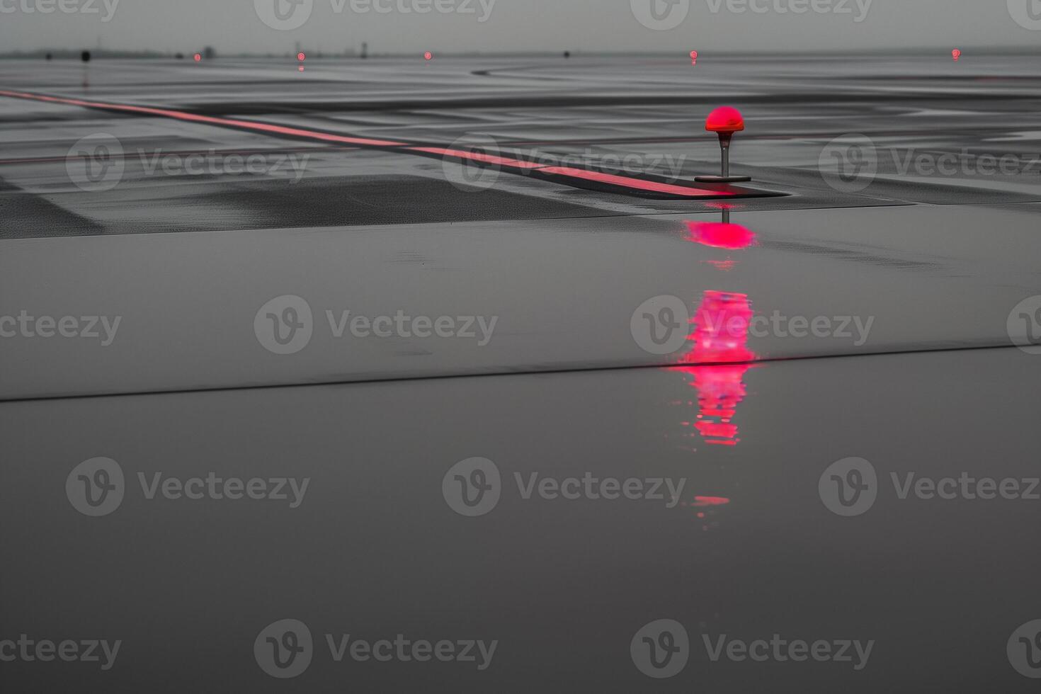 Rain-soaked runway reflecting jet nose with a striking red navigation light at dusk photo