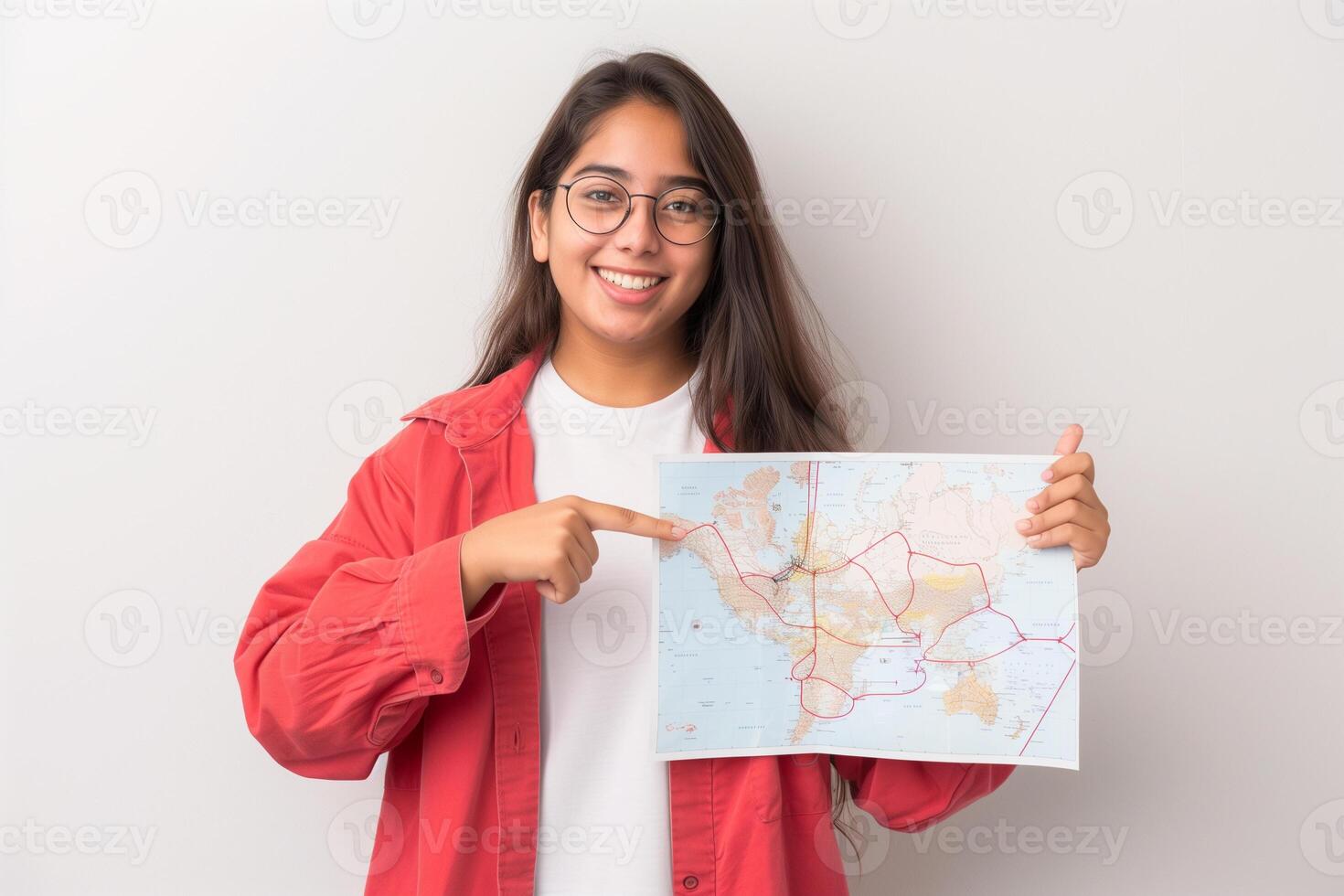 Young South Asian meteorologist enthusiastically points at a weather map for an informative presentation photo