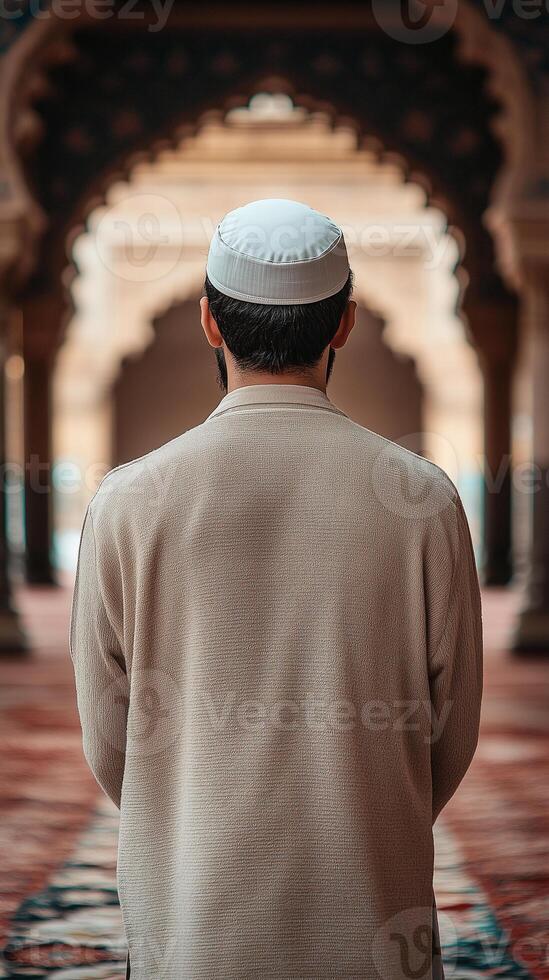 Young Muslim man stands in contemplation within a historic architectural space photo