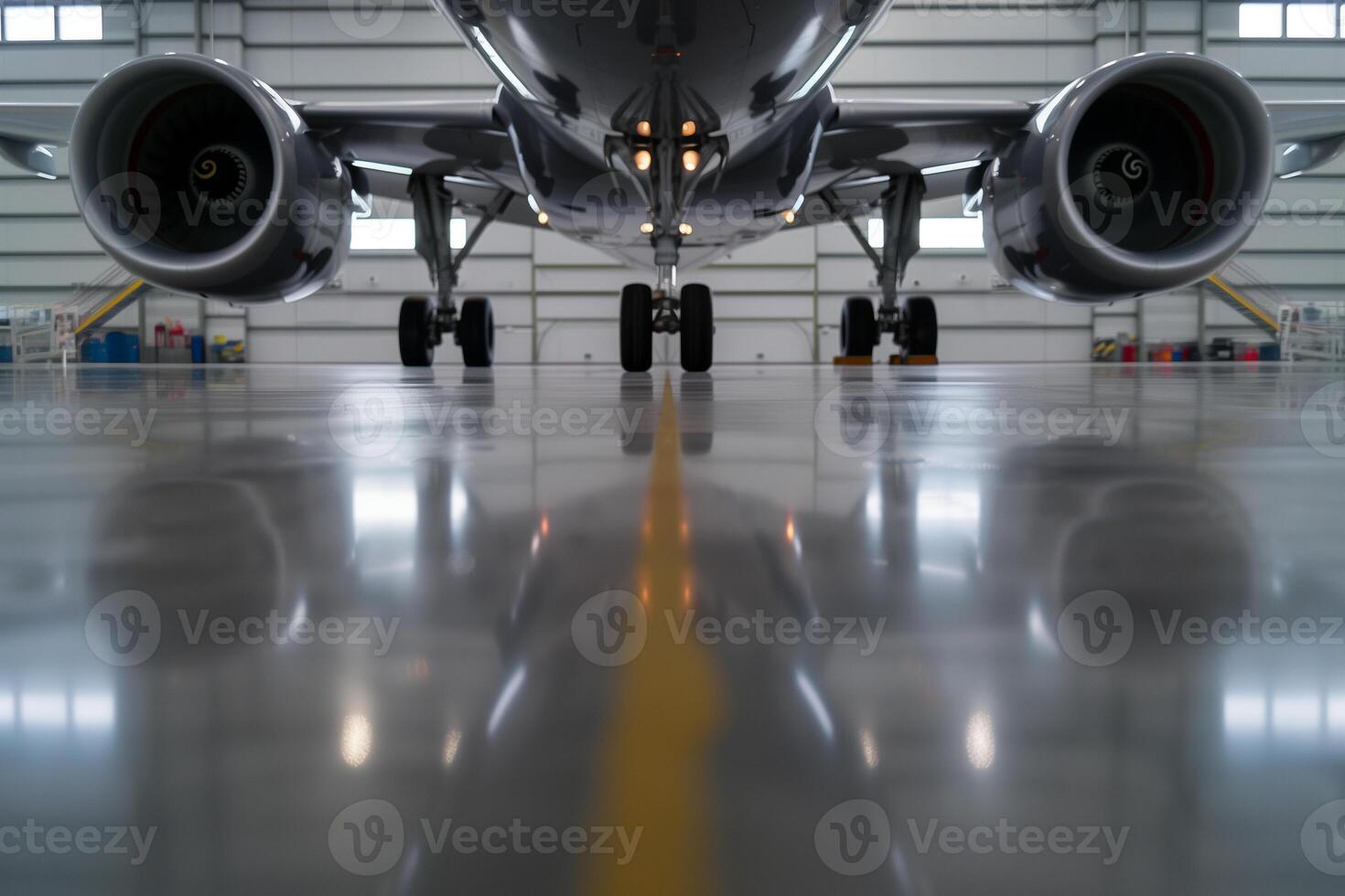 Jet underside reflection on polished hangar floor creates symmetrical abstract art photo