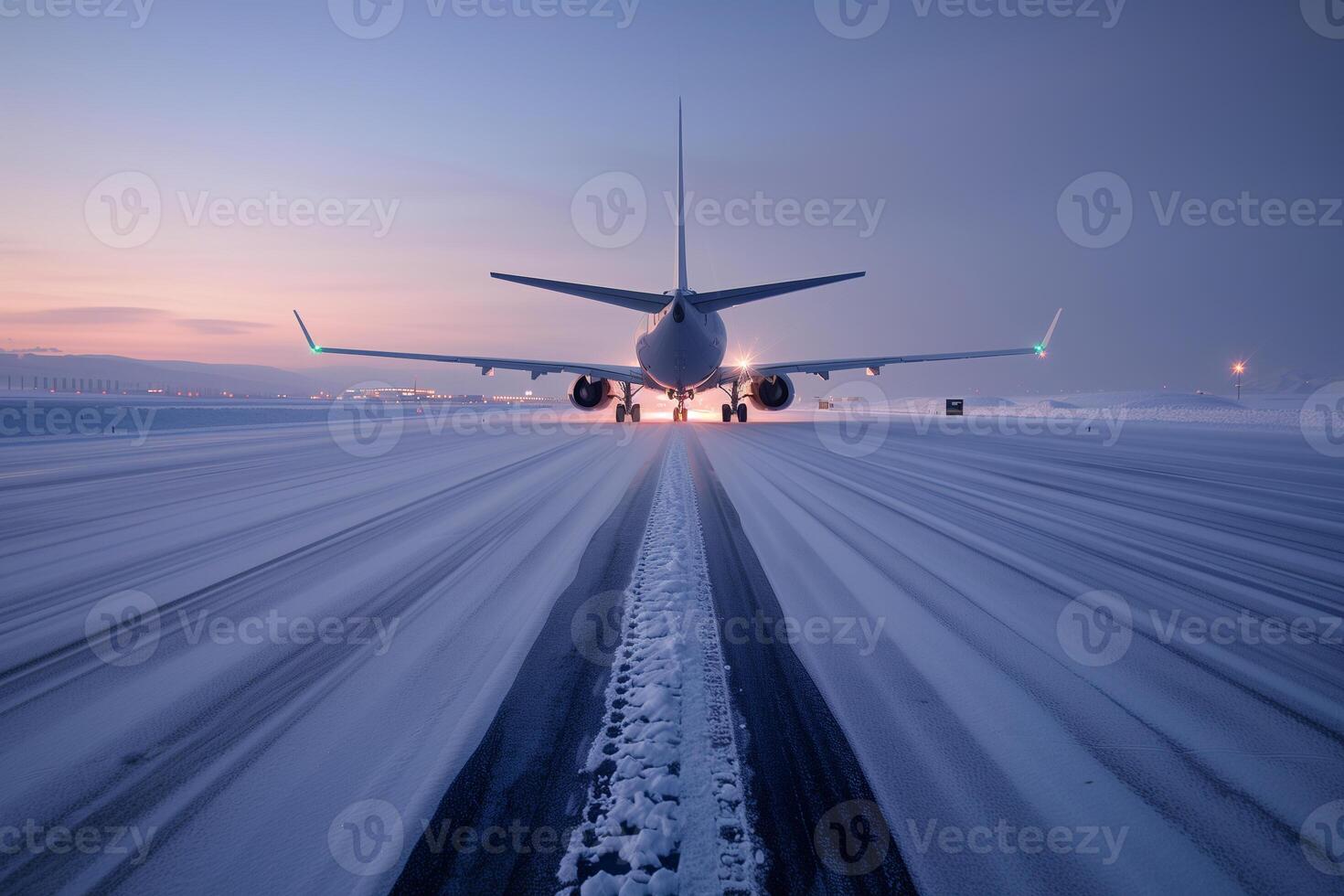 Frost-dusted jet on a snow-blanketed runway with amber light from lone ground crew lamp photo