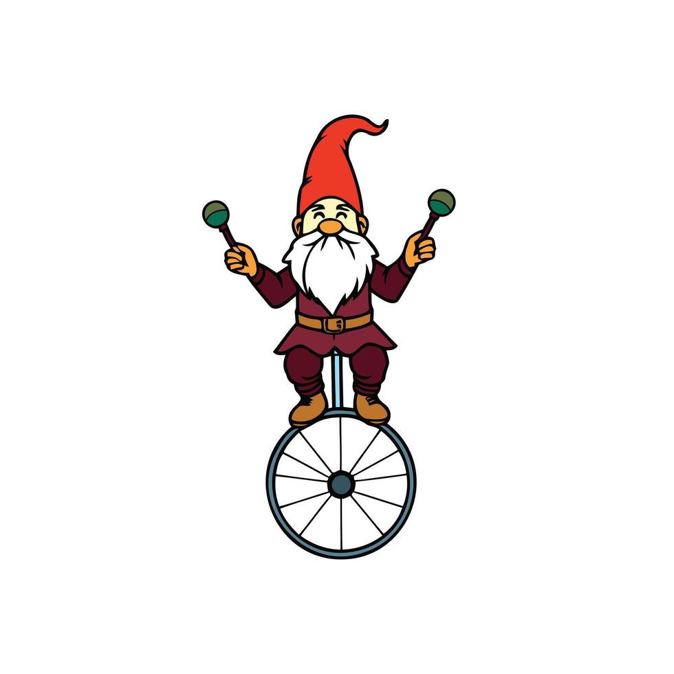 Gnome Character Rides Unicycle Juggling Maracas Performance vector