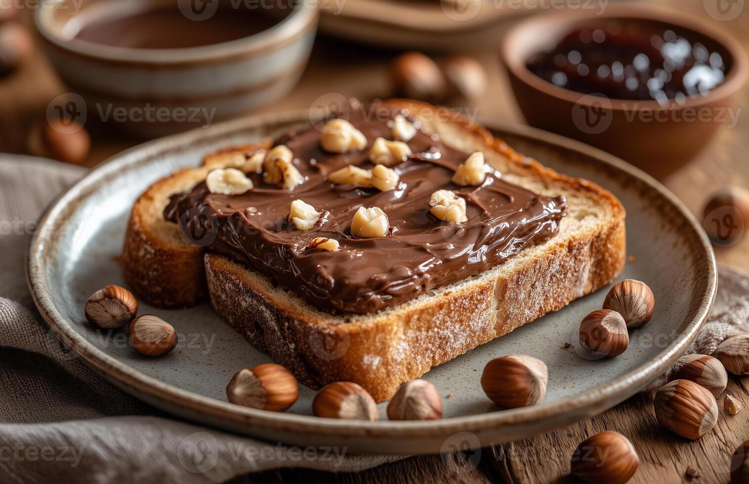 Rustic slices of sweet French bread topped with chocolate spread and mixed nuts on a ceramic plate photo
