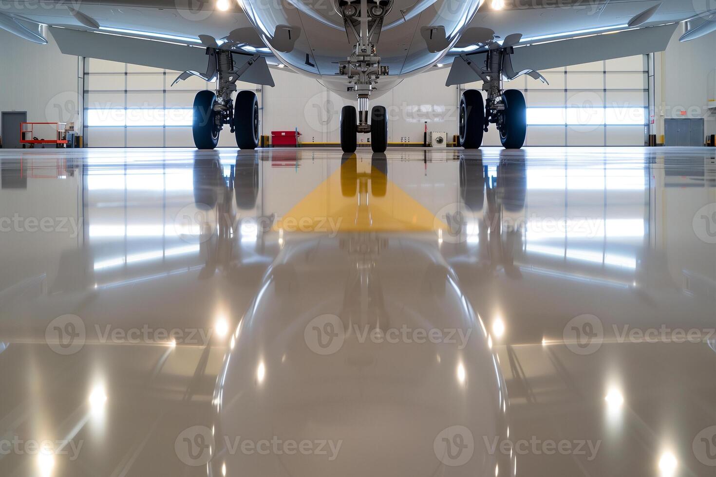 Symmetrical reflection of jet underside in polished hangar floor showing modern aviation detail and design photo