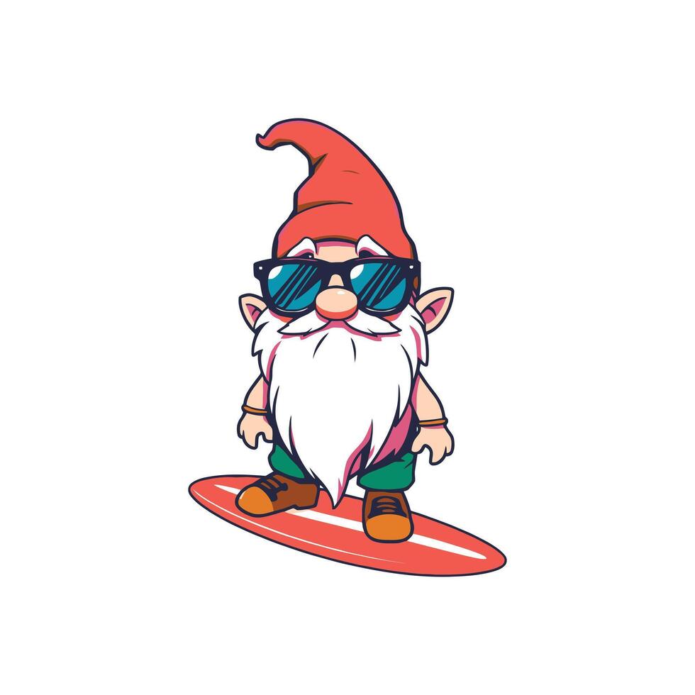 Cool Gnome Riding Surfboard Cartoon for Beach Summer and Coastal Adventure Themes vector