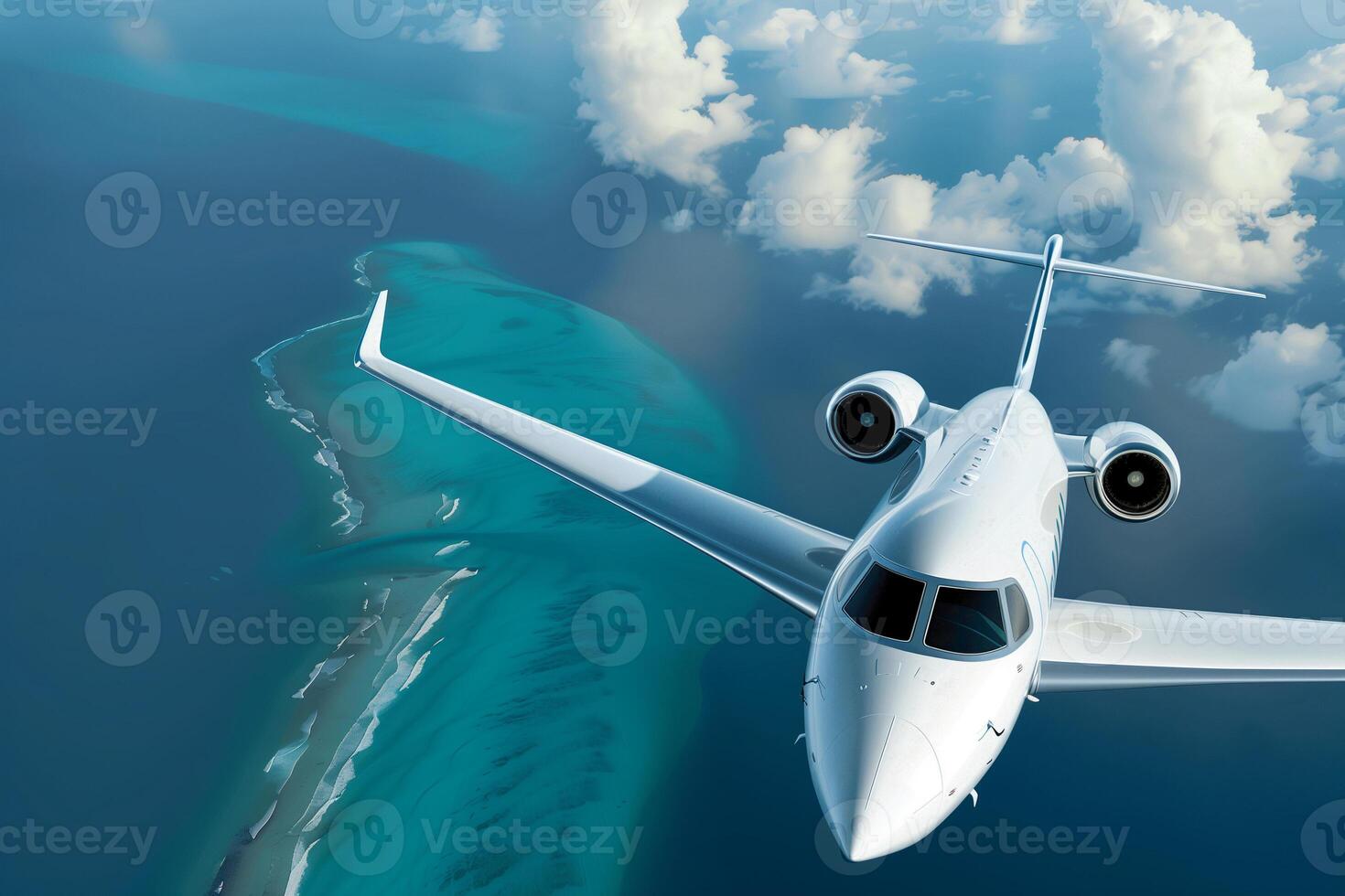 Private jet soaring high above turquoise ocean and wispy clouds over a breathtaking coastal landscape photo