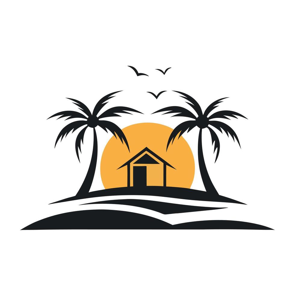Luxurious Beach House Logo Golden Palm Tree and Sunset vector