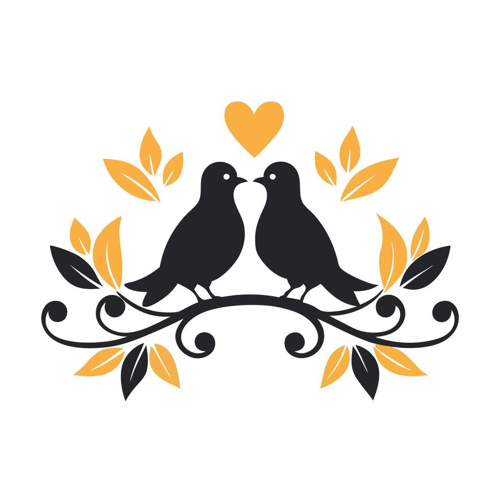 Black-and-White Silhouette of Two Doves Perched on a Branch vector