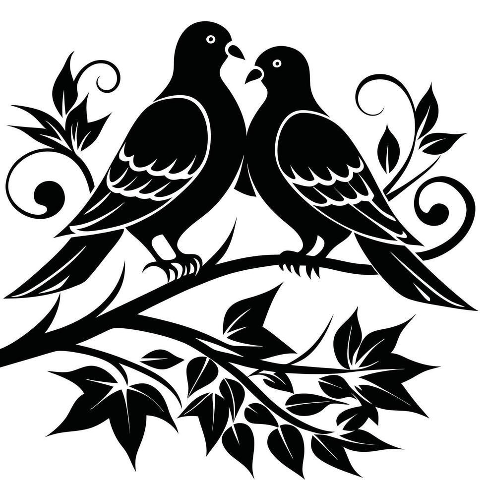 Two Doves Perched Together Black-and-White Love Bird Illustration vector