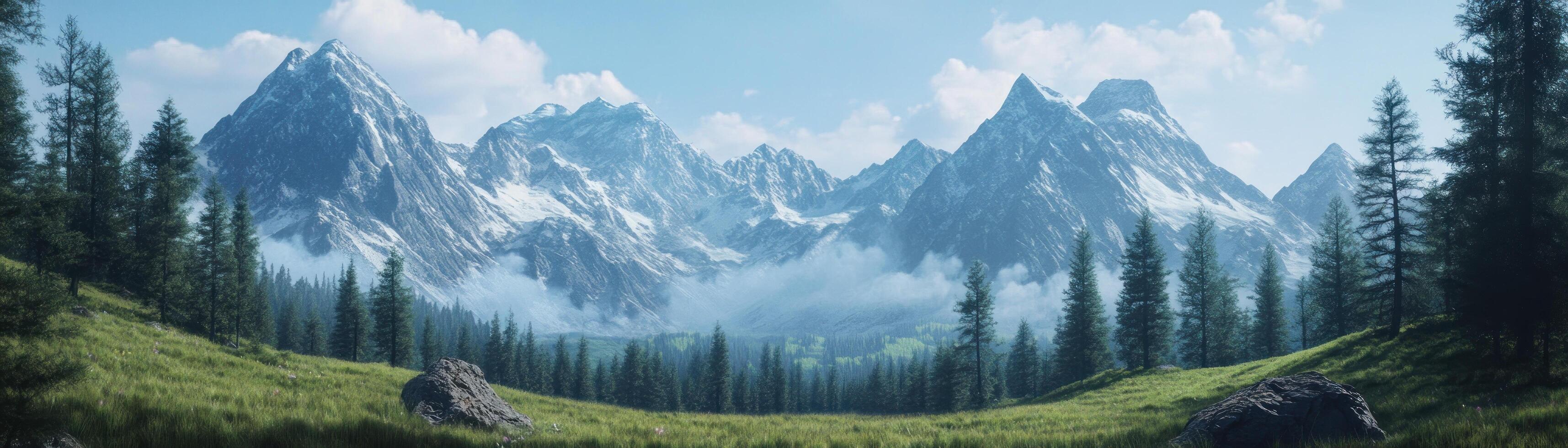 Misty Mountain Range with Snowy Peaks and Pine Trees photo