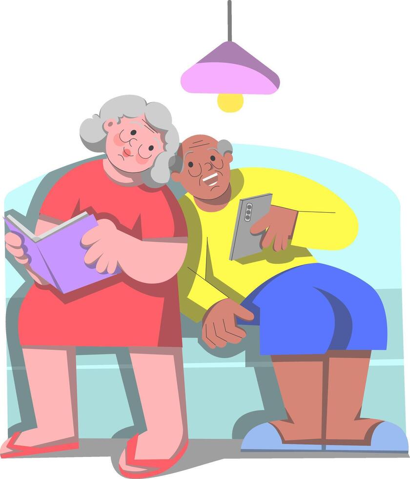 Elderly Couple Relaxing with Book and cell phone, Illustration vector