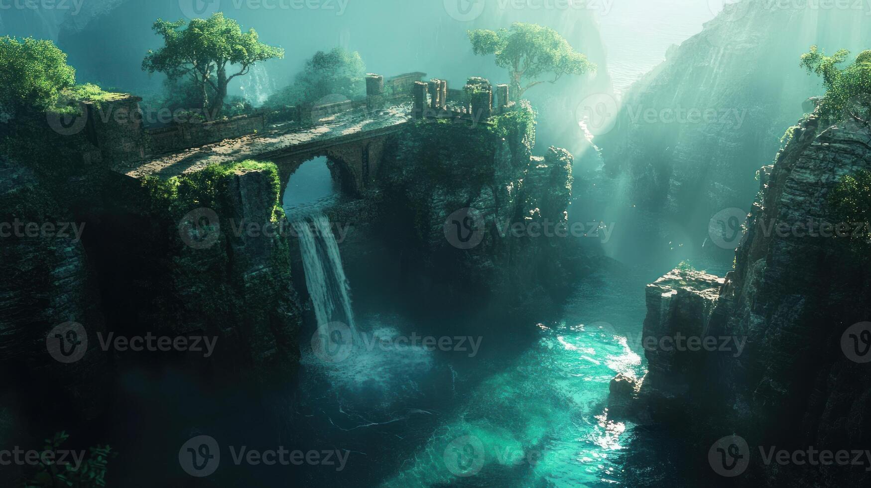 A waterfall cascading into a deep canyon with a stone bridge and trees growing on the cliffside photo