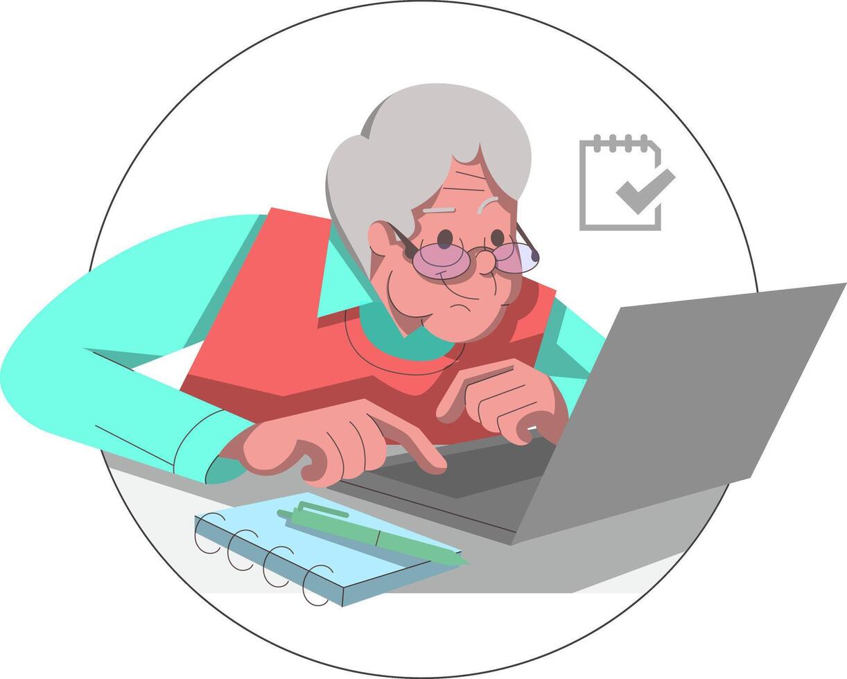An elderly individual is focused on a laptop, and a reading image represents seniors' engagement and adaptability in the digital age, showcasing their efforts in organization and productivity. vector