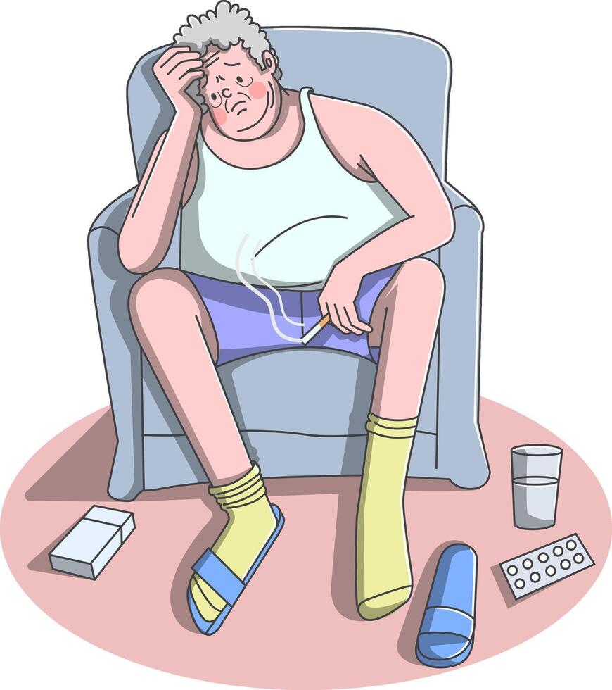 Unhealthy Lifestyle - Depressed Man Smoking and Taking Medication vector