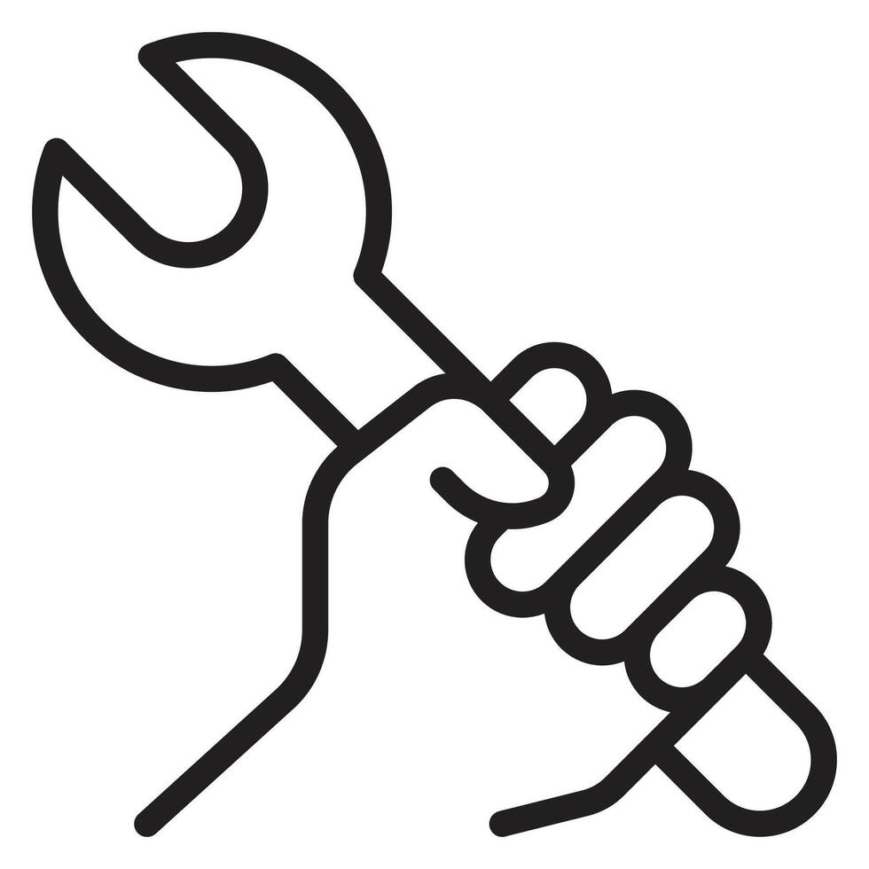 Simple line art icon of a hand holding a wrench, symbolizing labor, repair, and hard work. Ideal for Labor Day, mechanics, engineering, construction, and worker rights themes. vector