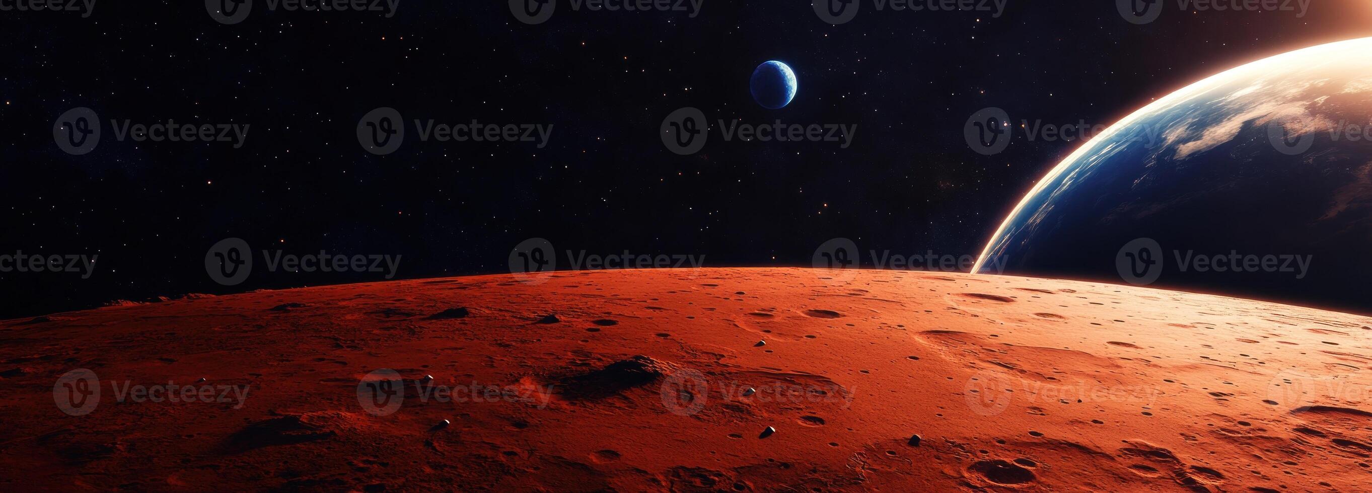 A Martian Landscape with a Distant Blue Planet and Stars photo