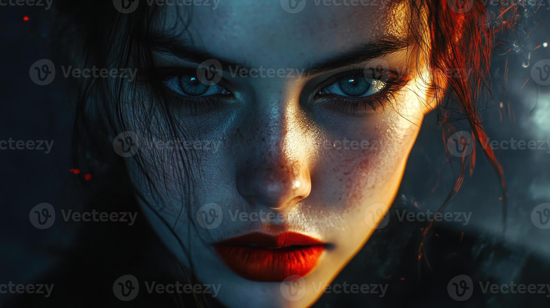 Close-up Portrait of a Woman with Red Lips and Blue Eyes photo