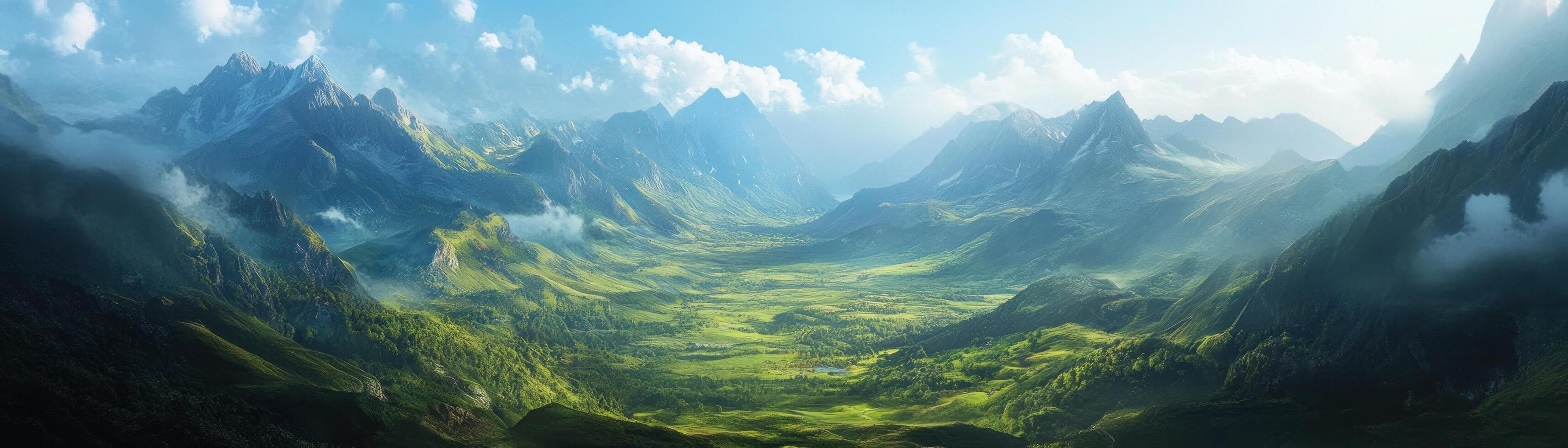 Majestic Mountain Range with Lush Valley and Clouds photo