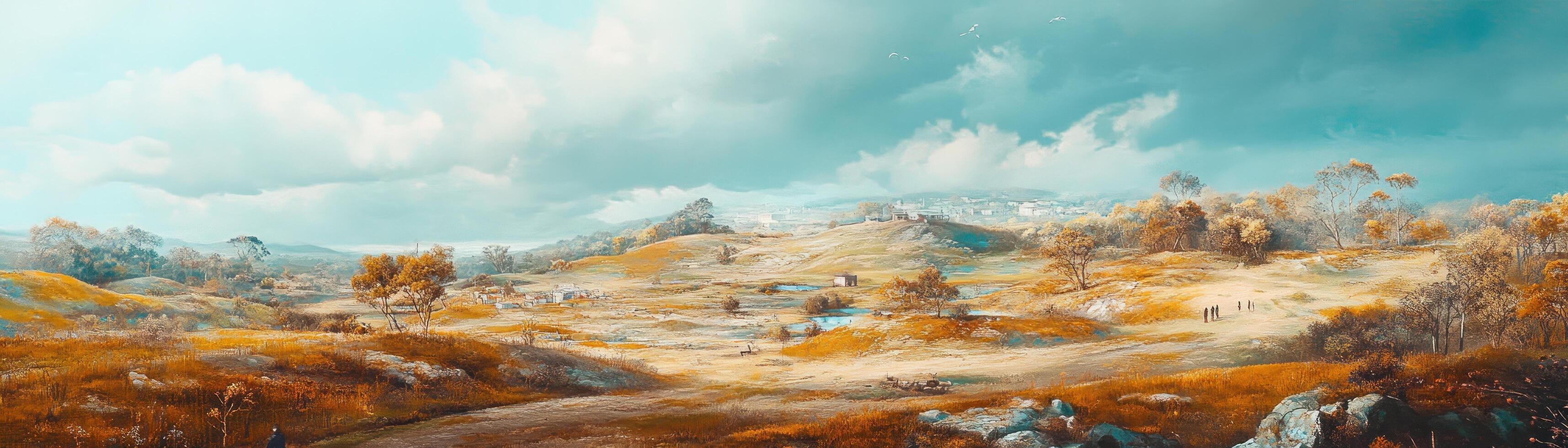 Rural Landscape with Rolling Hills and a Small Village photo