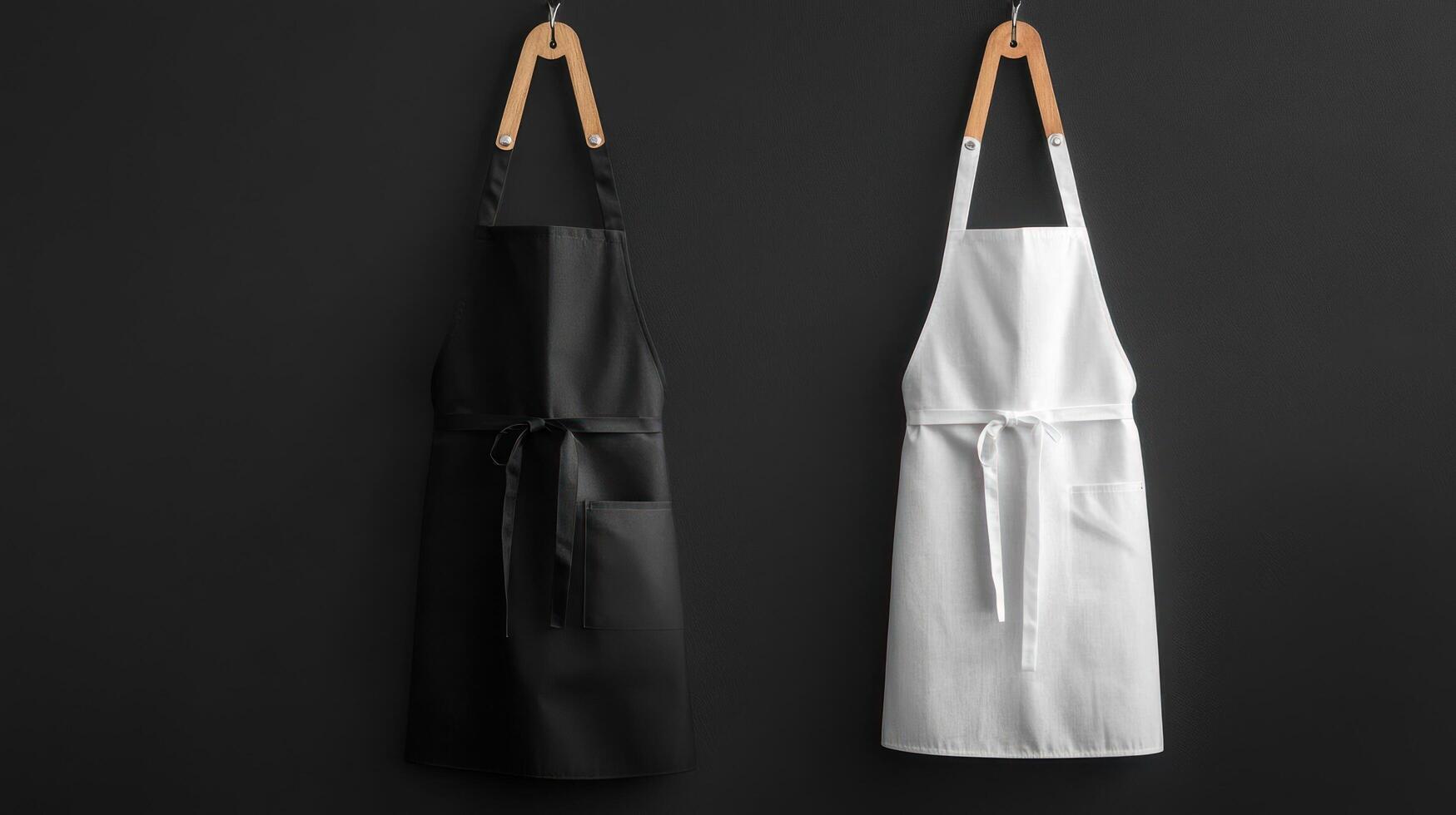 Black and White Aprons Hanging on Hooks Against a Black Wall photo