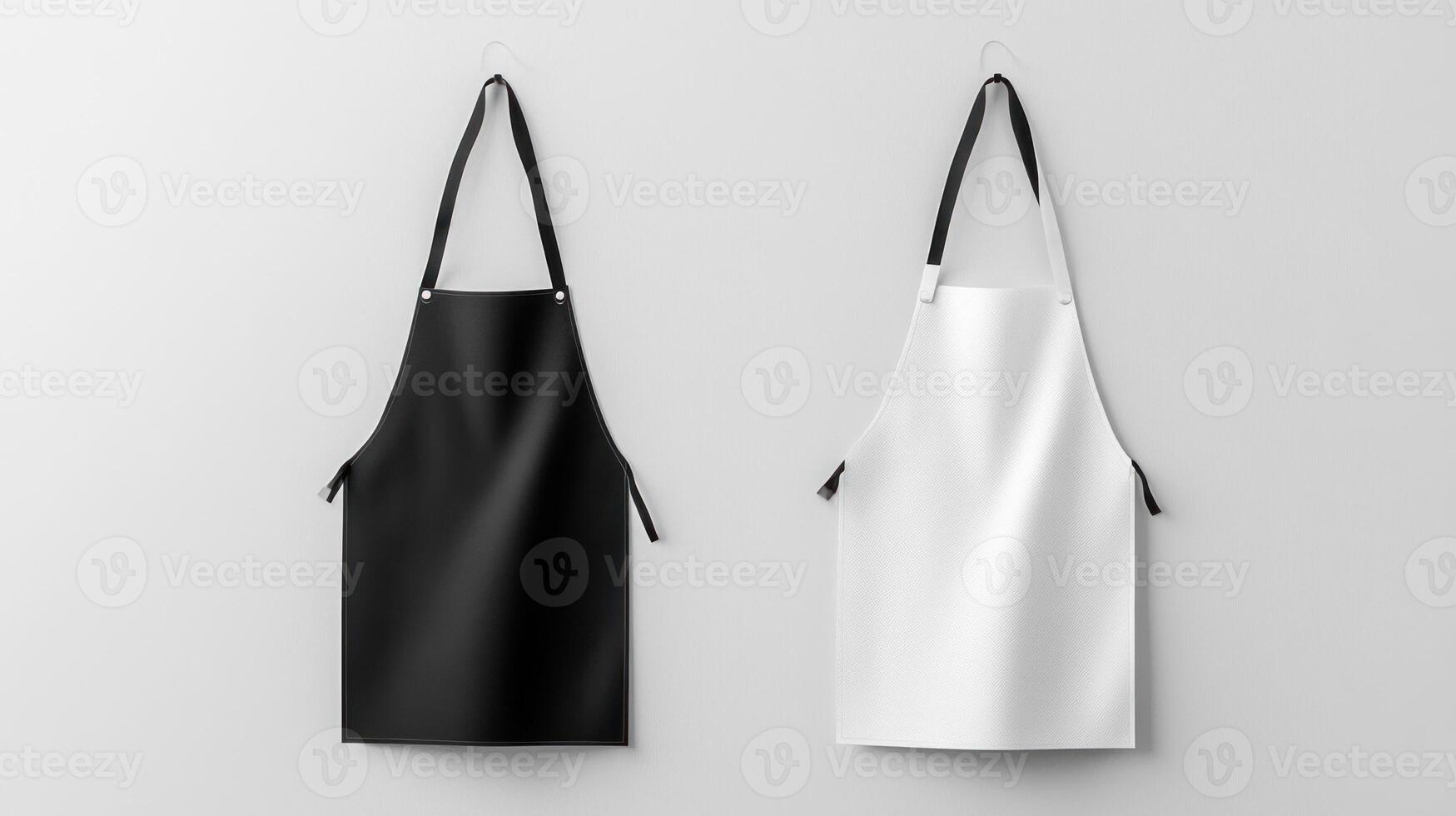 Two Blank Aprons Hanging on a White Wall. photo