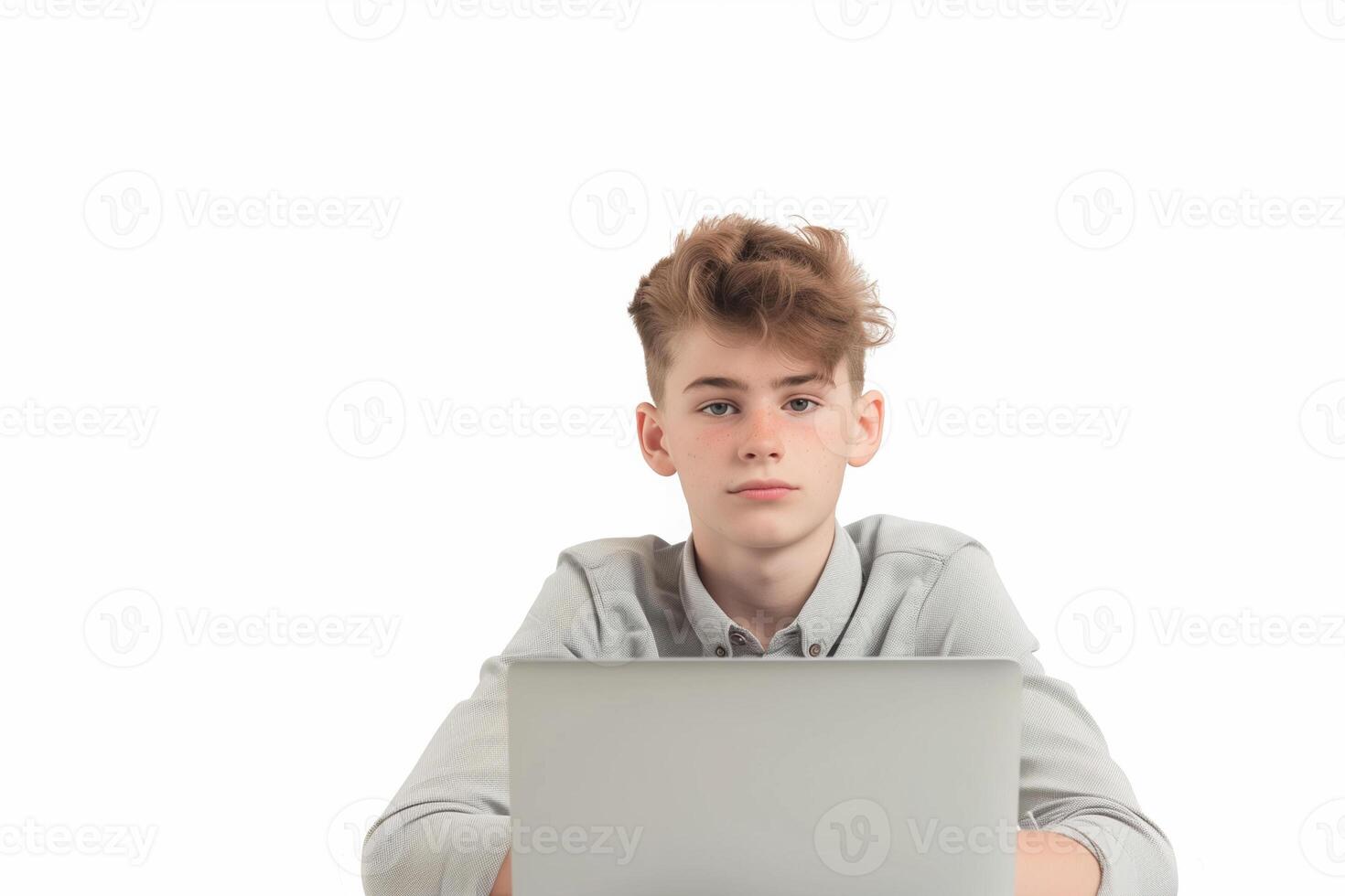 Teenage boy with IT skills sitting at desk, looking bored while working on laptop against a white background photo