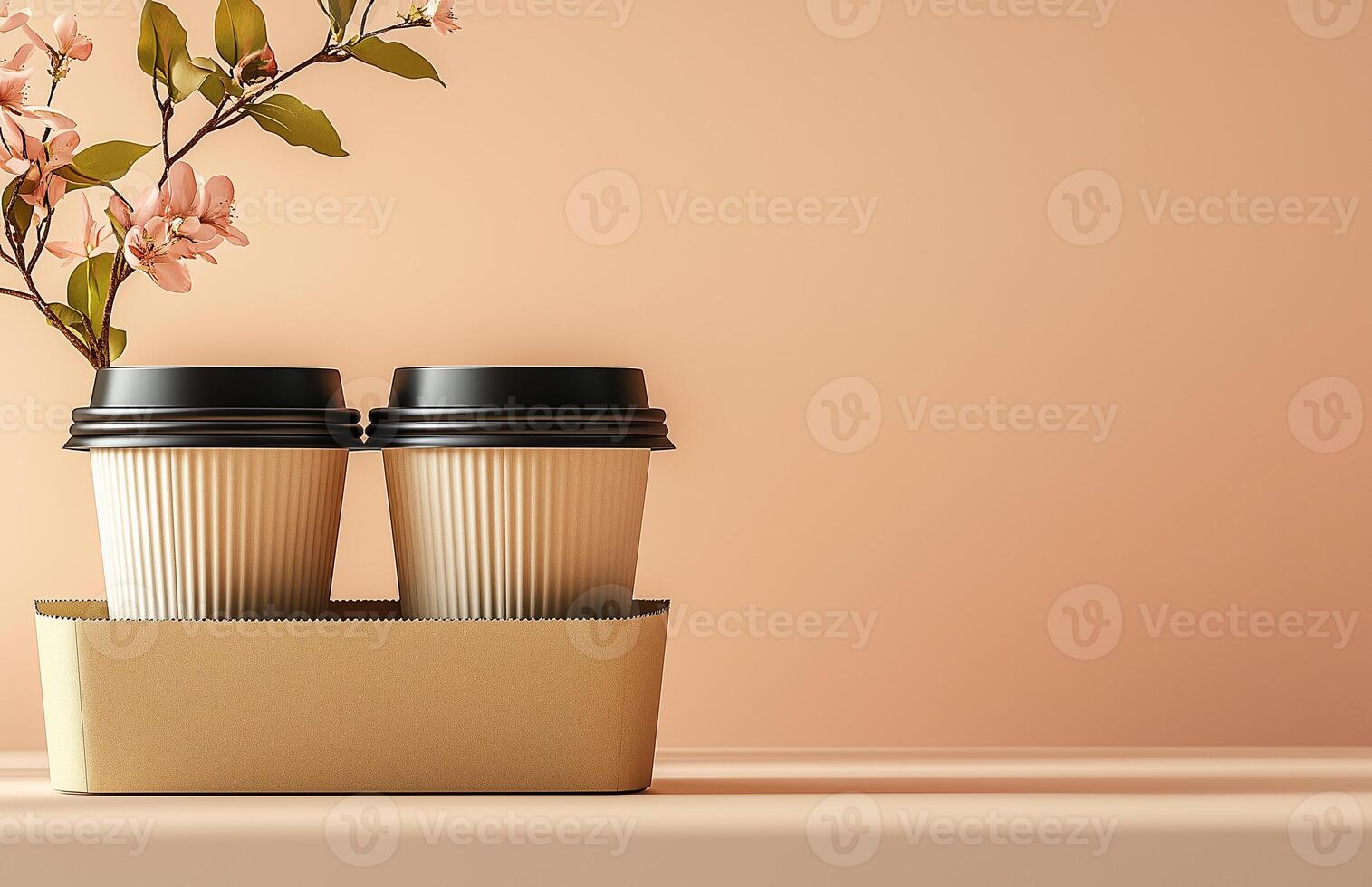 Two to-go coffee cups in a cardboard holder on a peach-colored background with a touch of spring floral elements photo