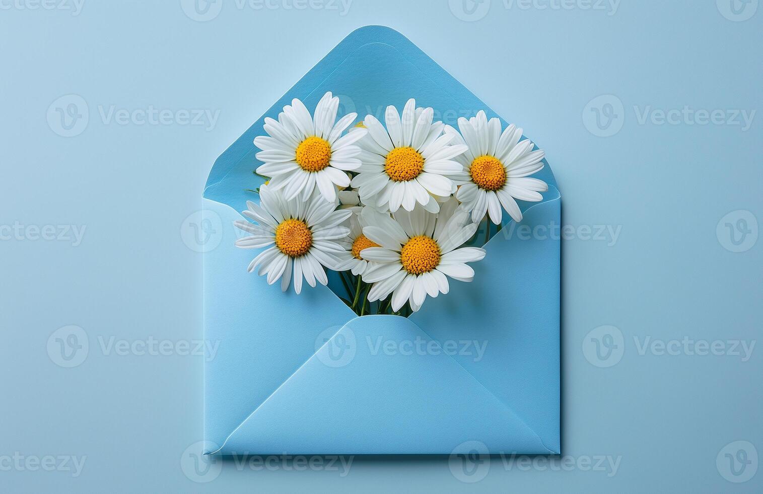 Fresh daisies in an open blue envelope create a charming flat lay display photo