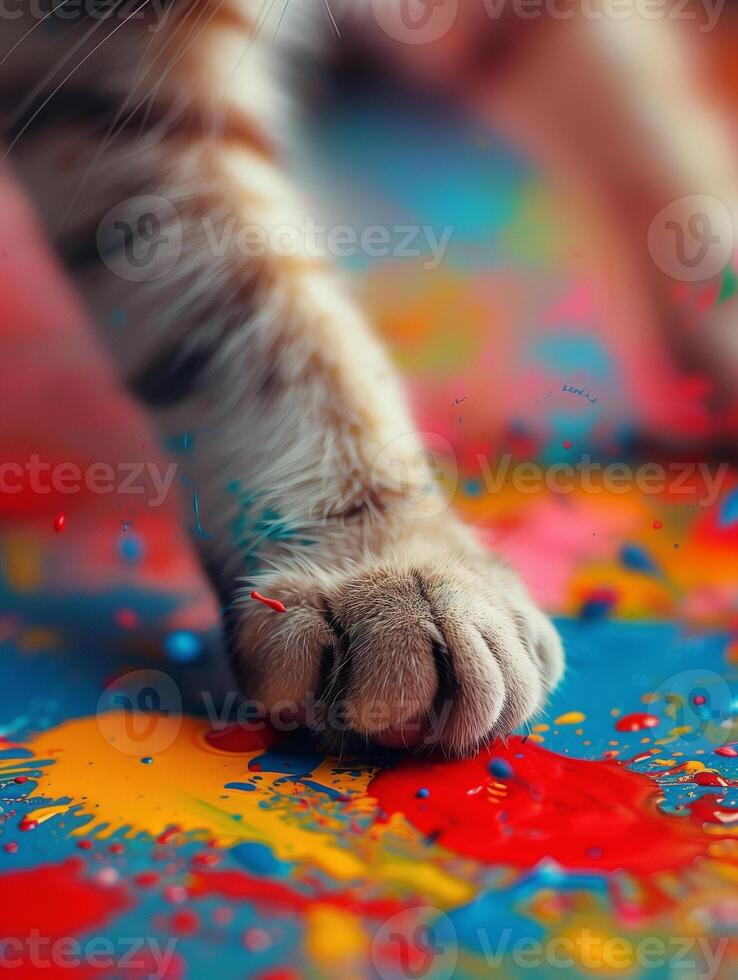 Colorful paw print as a curious cat steps into spilled paint on a vibrant surface photo