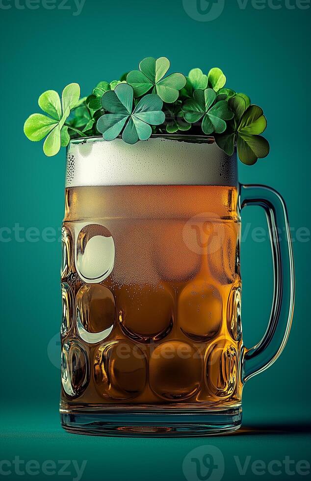 Celebrate St. Patrick's Day with a beautifully styled beer mug adorned with fresh green clovers on a clean background photo