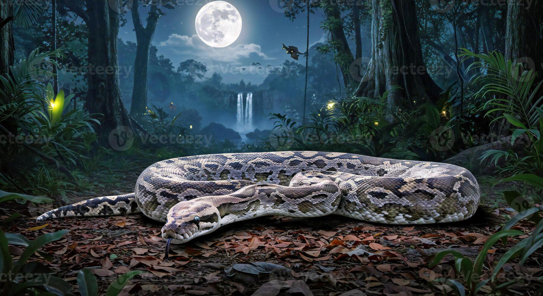 A large snake laying on the ground in the forest photo