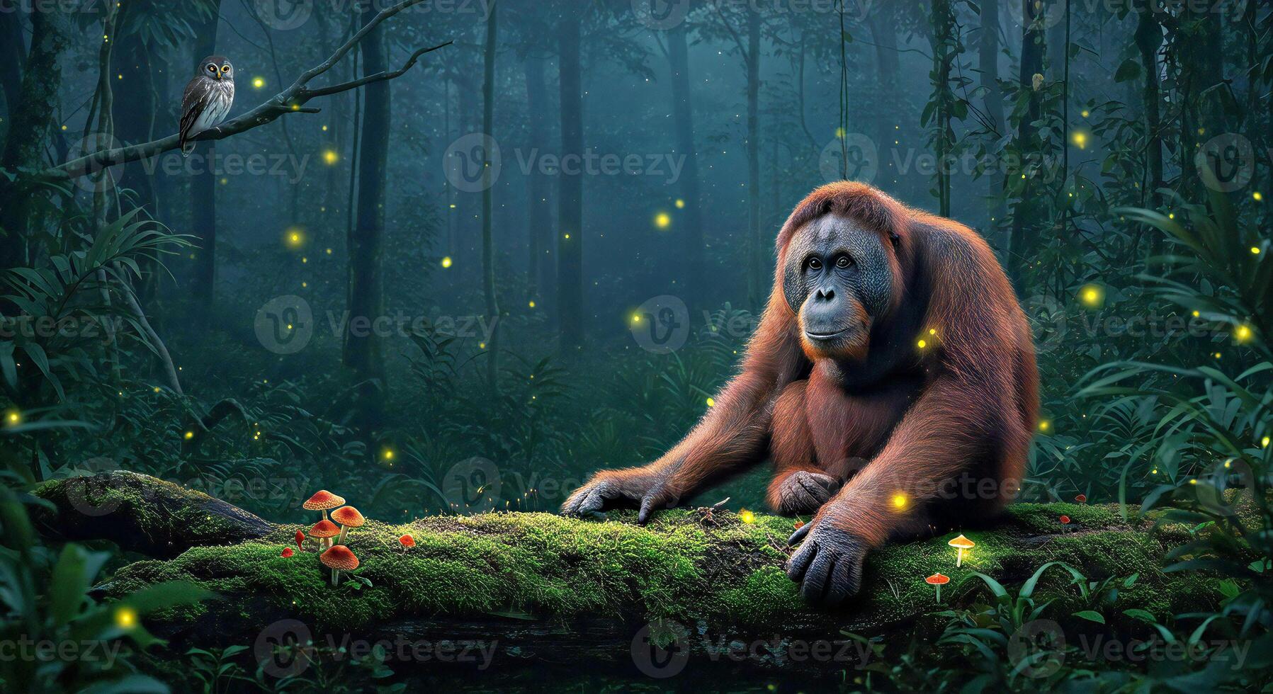 An orangutan sitting on a log in the forest with fireflies photo