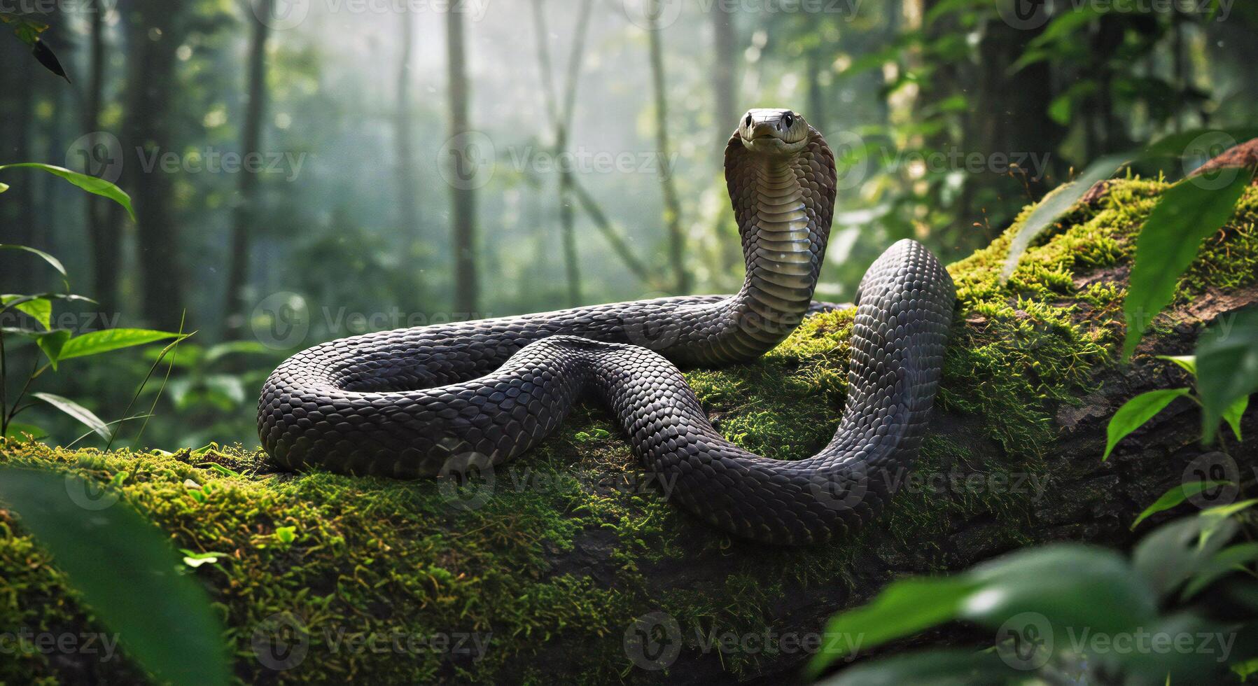 A cobra is sitting on a mossy branch in the jungle photo