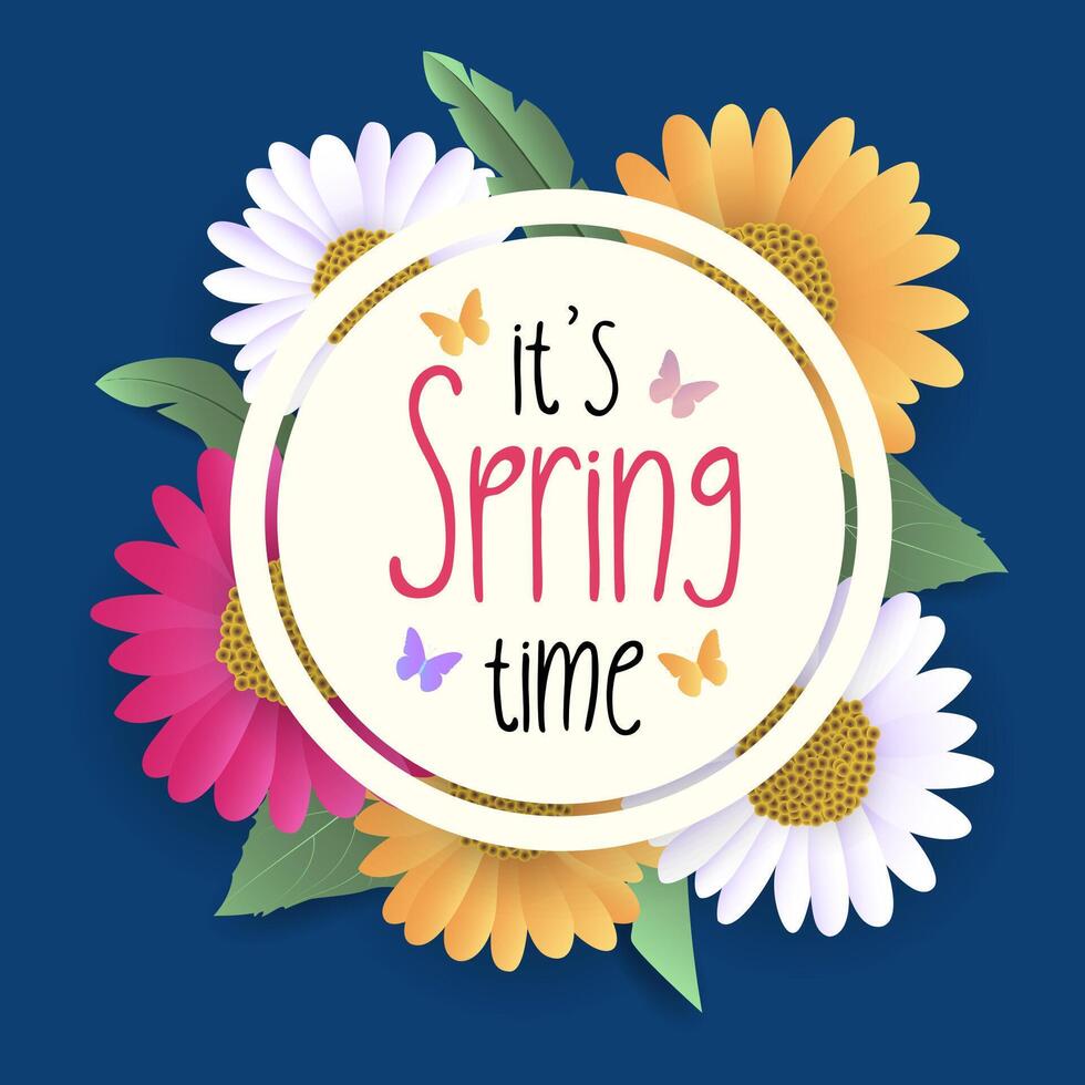 Its Spring time with colorful flowers on blue background vector