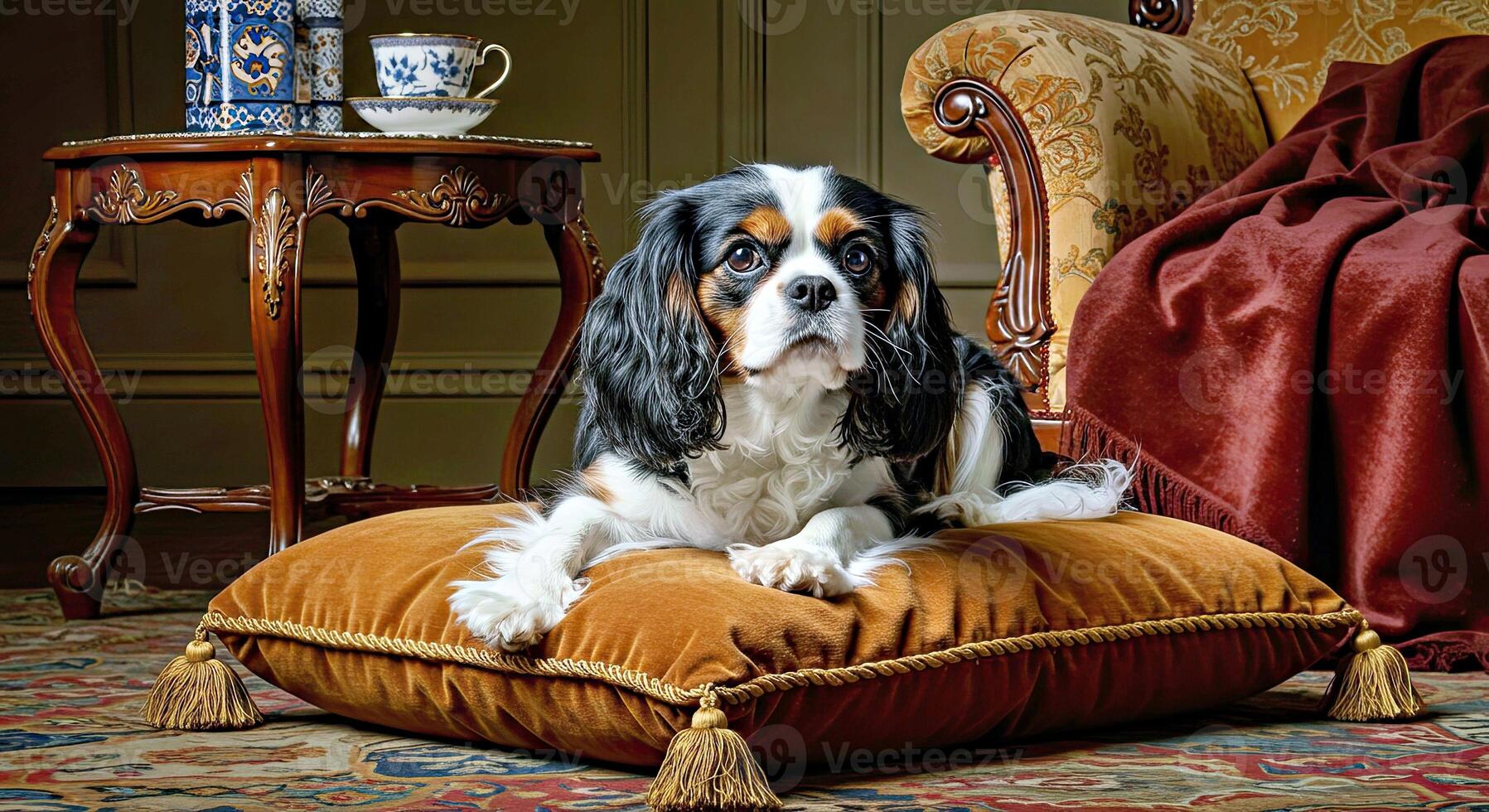 A dog sitting on a pillow photo