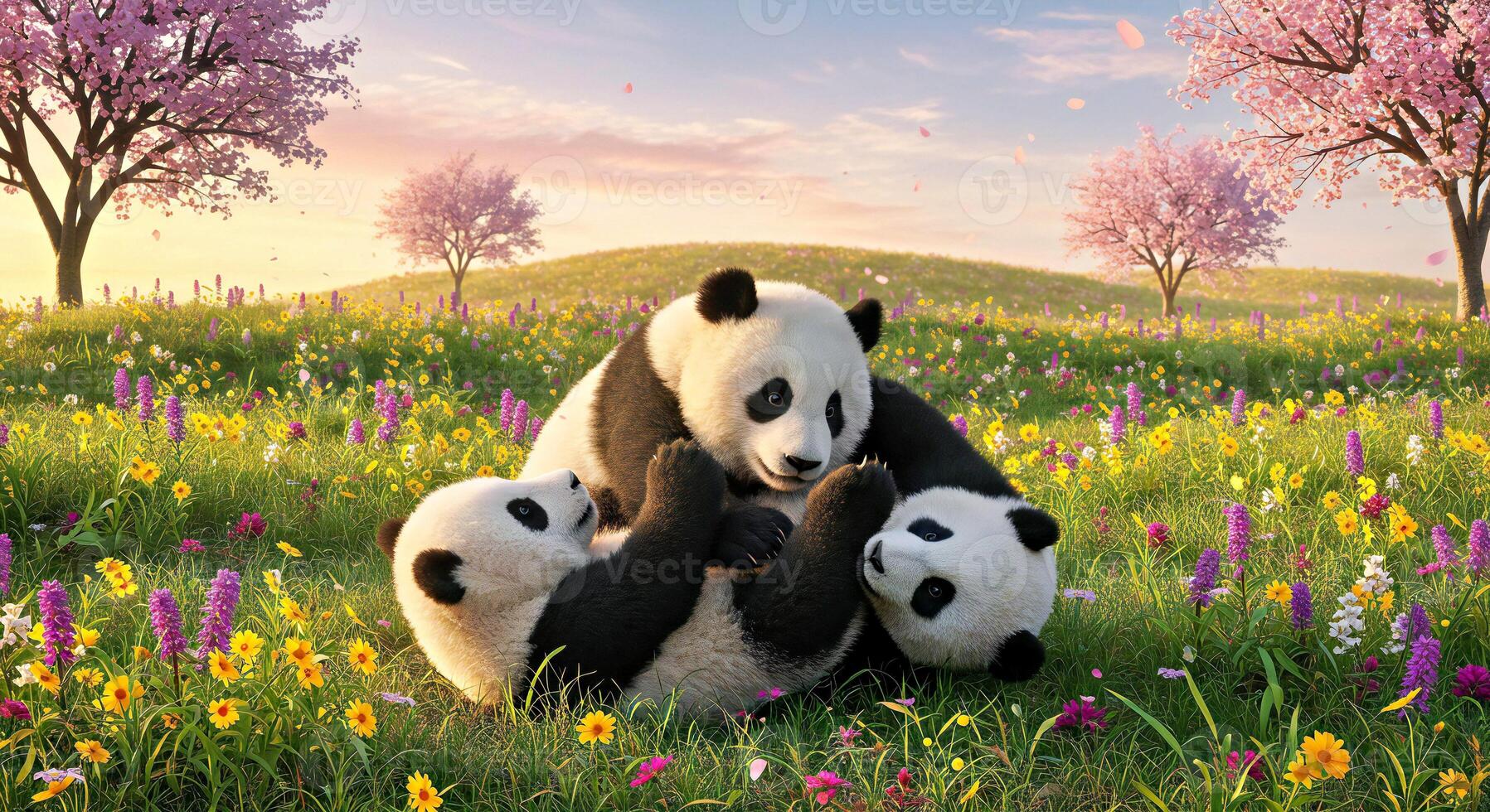 Two pandas are sitting on the grass with flowers photo
