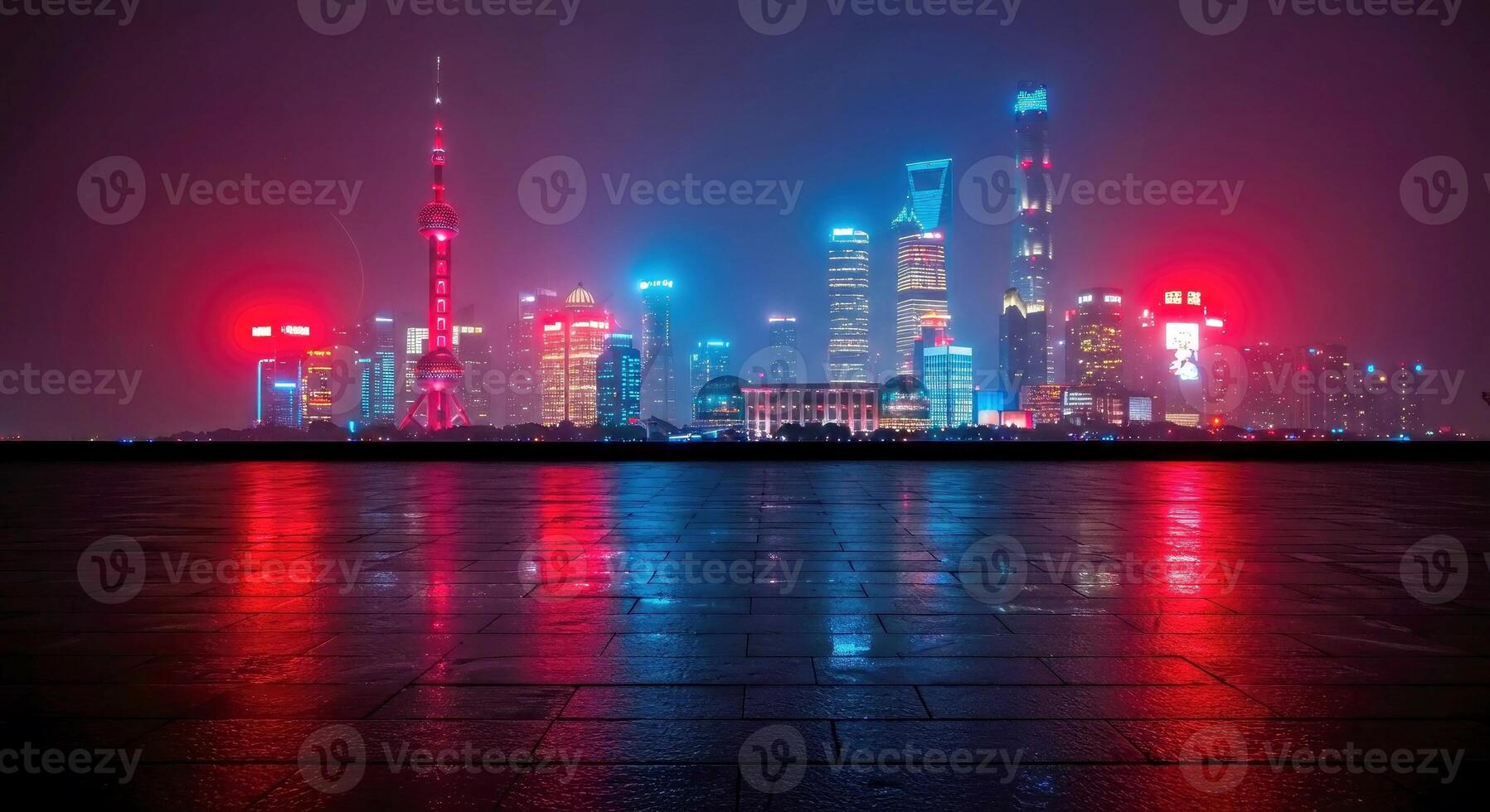 Shanghai skyline at night with red and blue lights photo