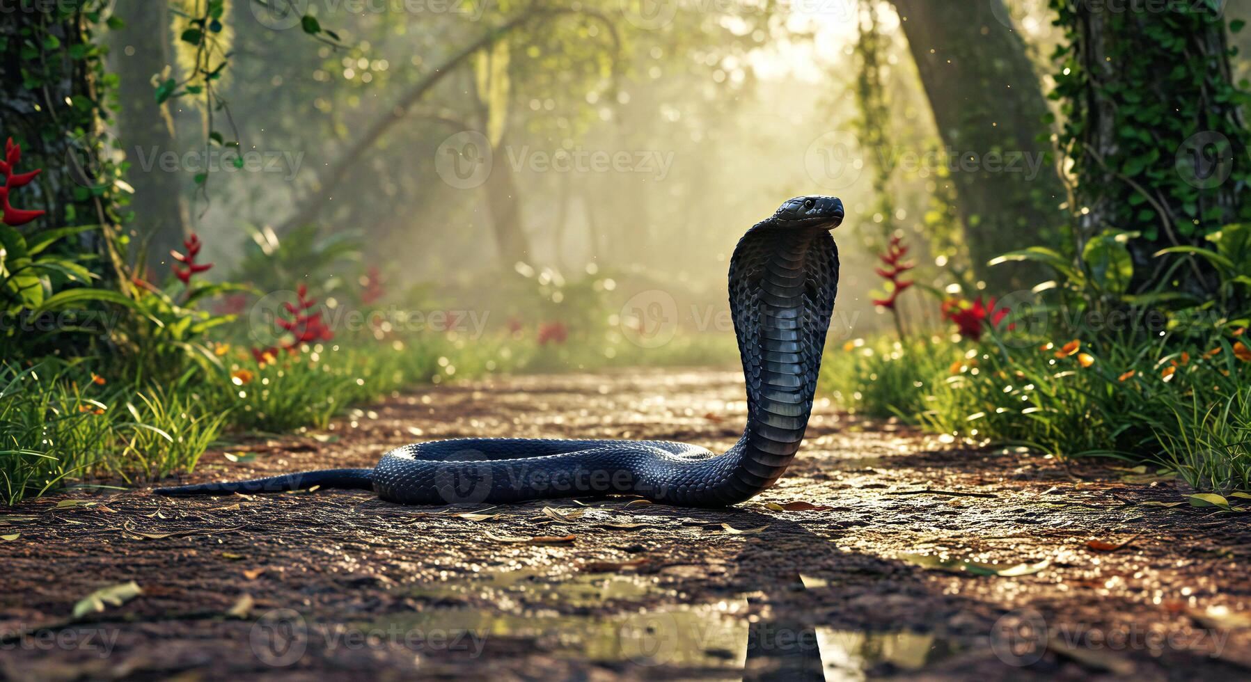 A black snake is walking on the ground in a forest photo