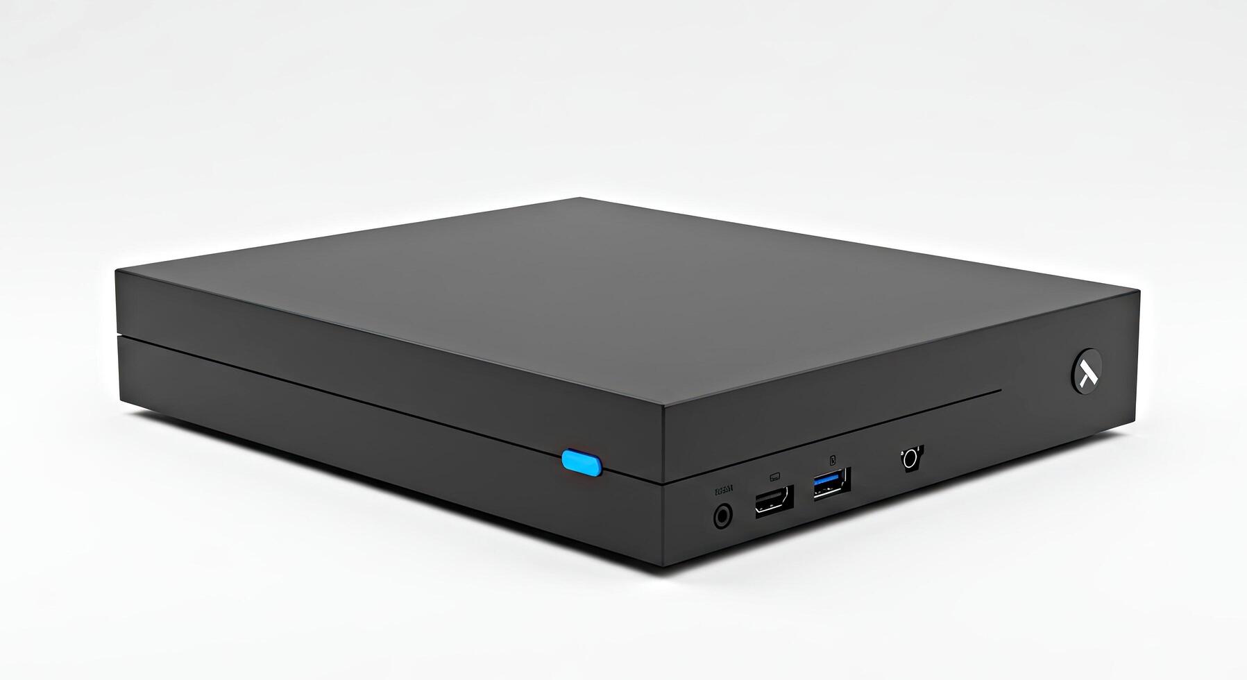 A black computer with a blue light on it photo