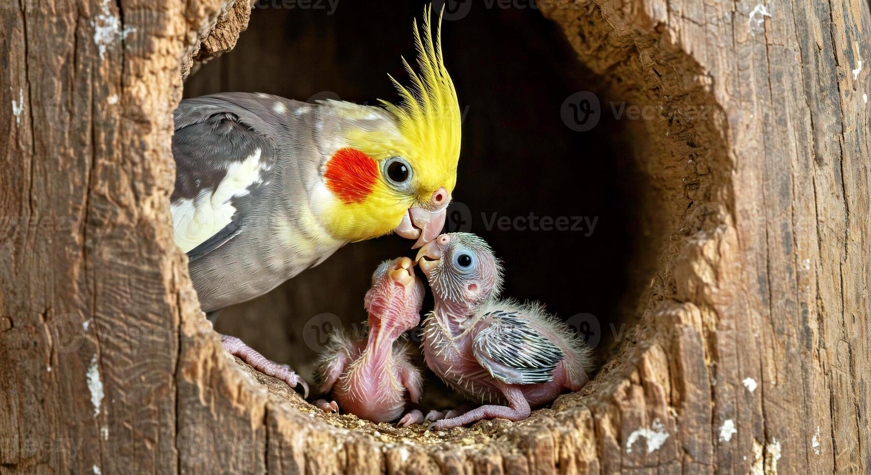 A cockatiel and her babies in a nest photo
