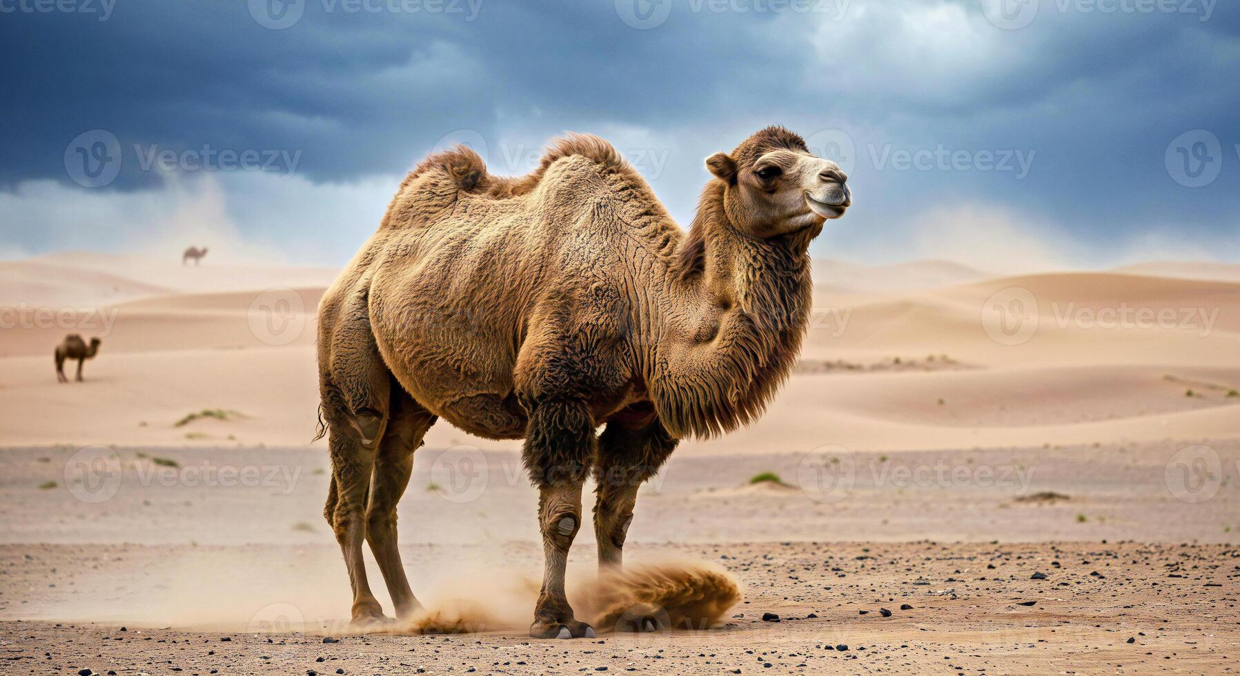 A camel is standing in the desert photo