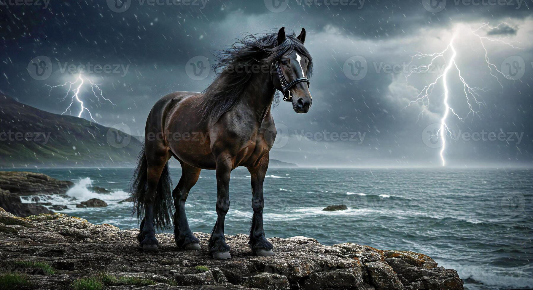 A horse standing on a rocky shore with lightning in the background photo