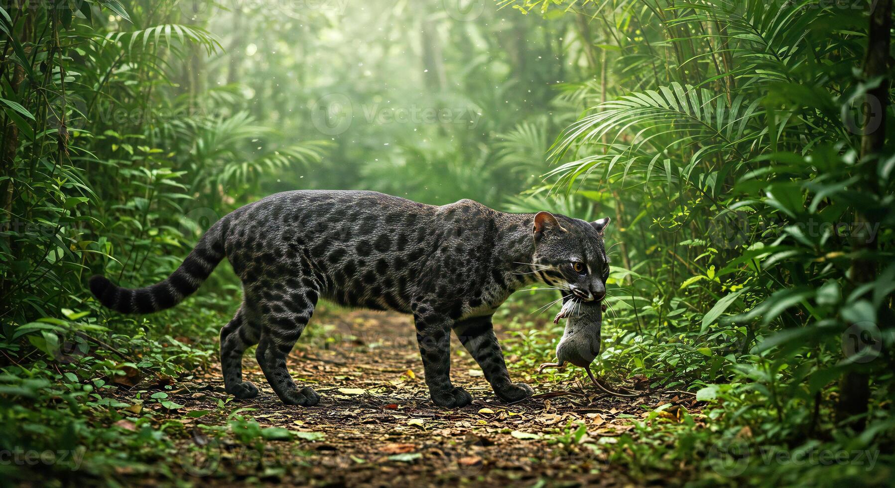 A cat walking through the jungle with a mouse photo