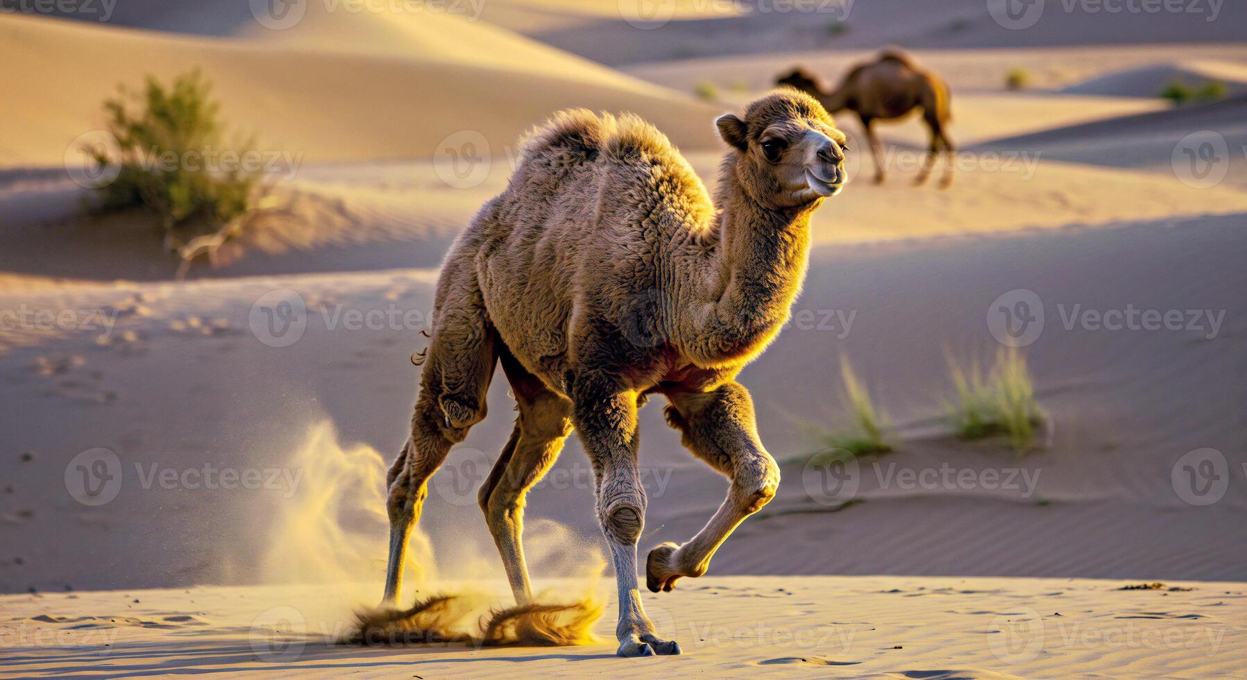 A camel running across a desert with other animals photo