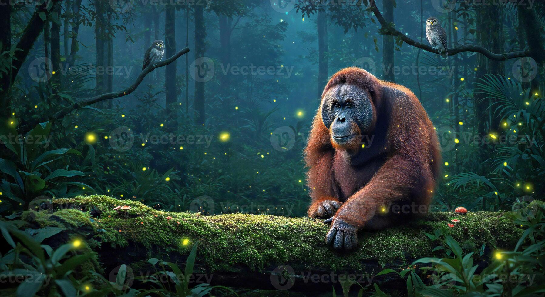 An oranguel sitting on a log in the forest with fireflies photo