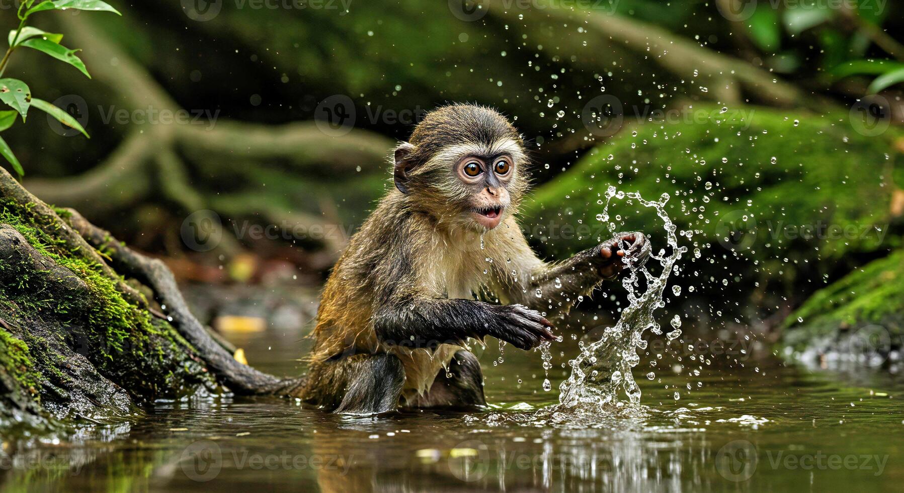 A baby monkey splashing water in the water photo
