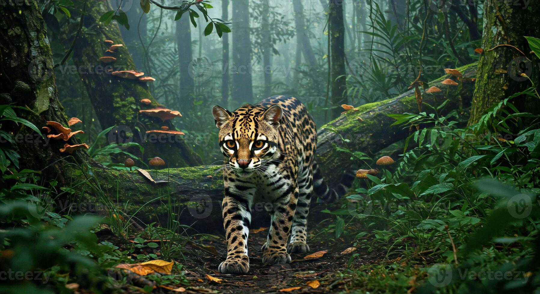 A leopard walking through the jungle in the rainforest photo