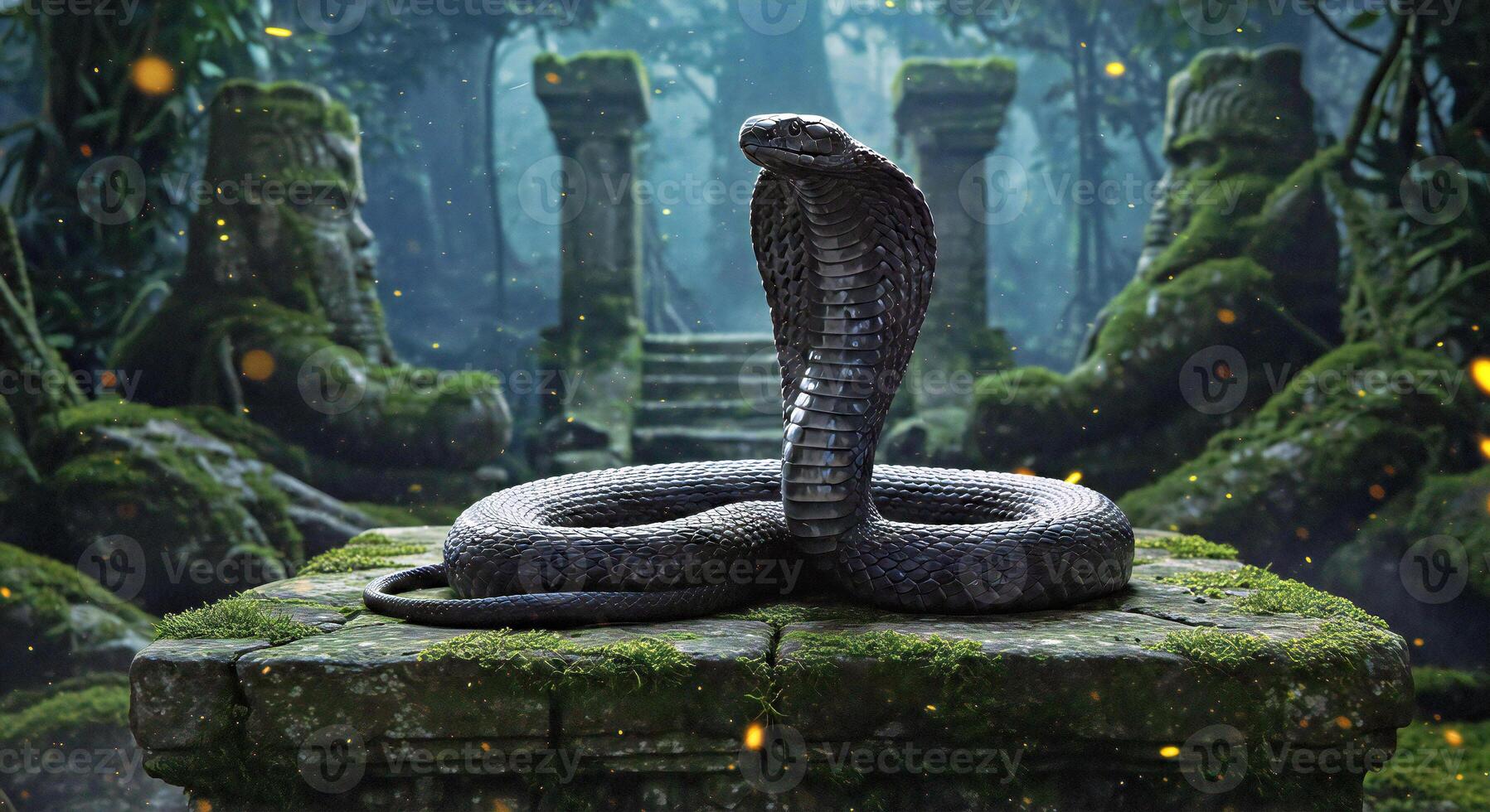 A cobra is sitting on a stone in the jungle photo